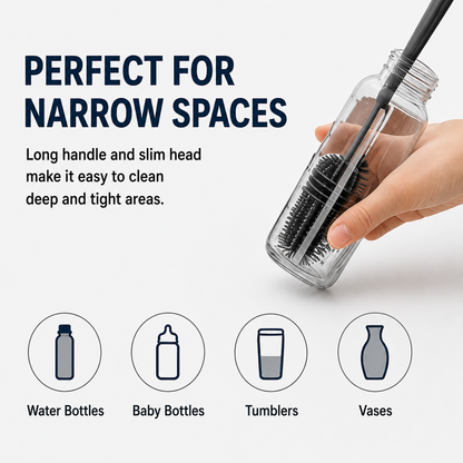 Silicone Bottle Cleaning Brush with Long Handle – Multipurpose Bottle Cleaner for Baby Bottles, Water Bottles, Vases & Glass Containers