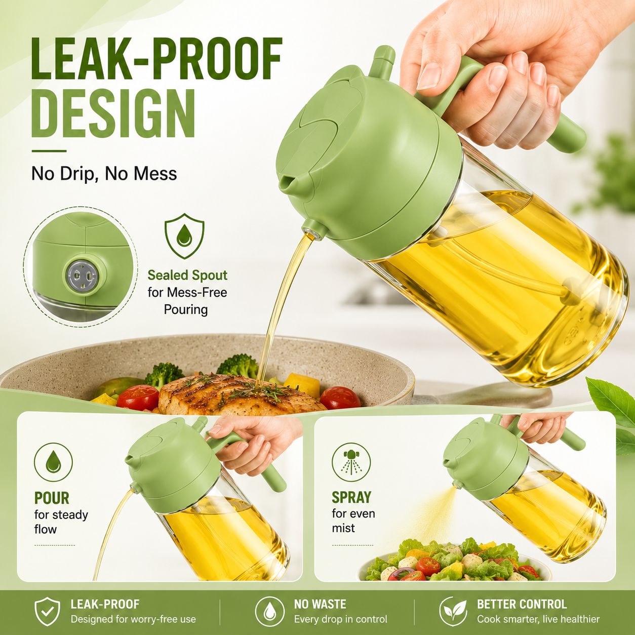 580ml Glass Oil Sprayer & Dispenser Bottle – Refillable Cooking Oil Spray for Kitchen Use