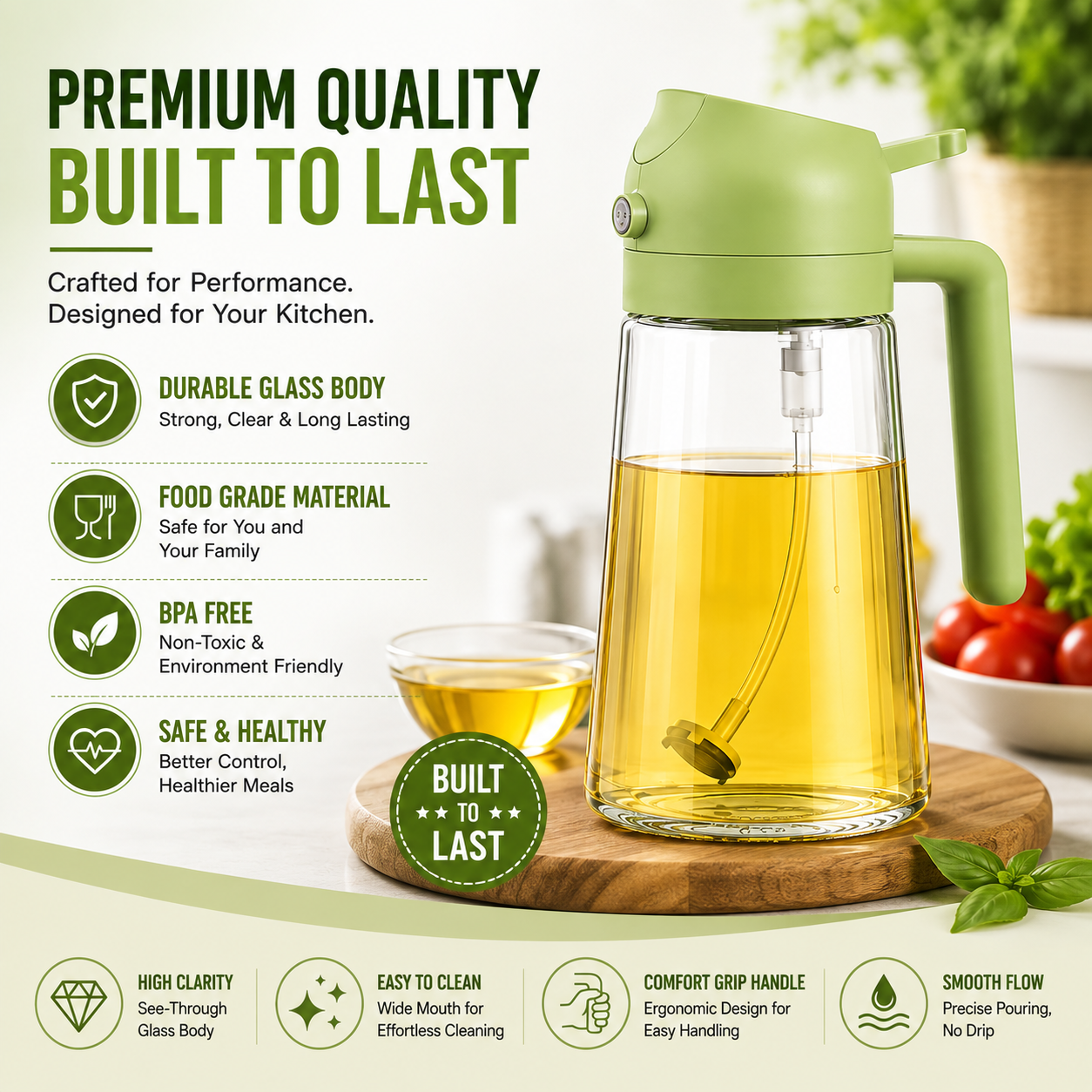 580ml Glass Oil Sprayer & Dispenser Bottle – Refillable Cooking Oil Spray for Kitchen Use