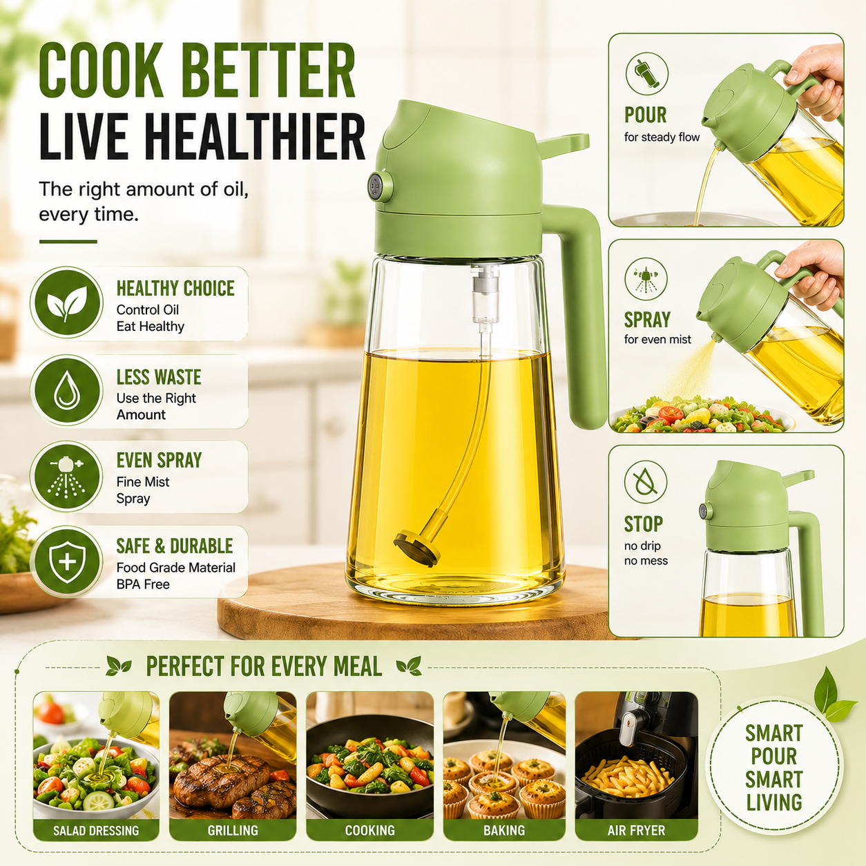 580ml Glass Oil Sprayer & Dispenser Bottle – Refillable Cooking Oil Spray for Kitchen Use